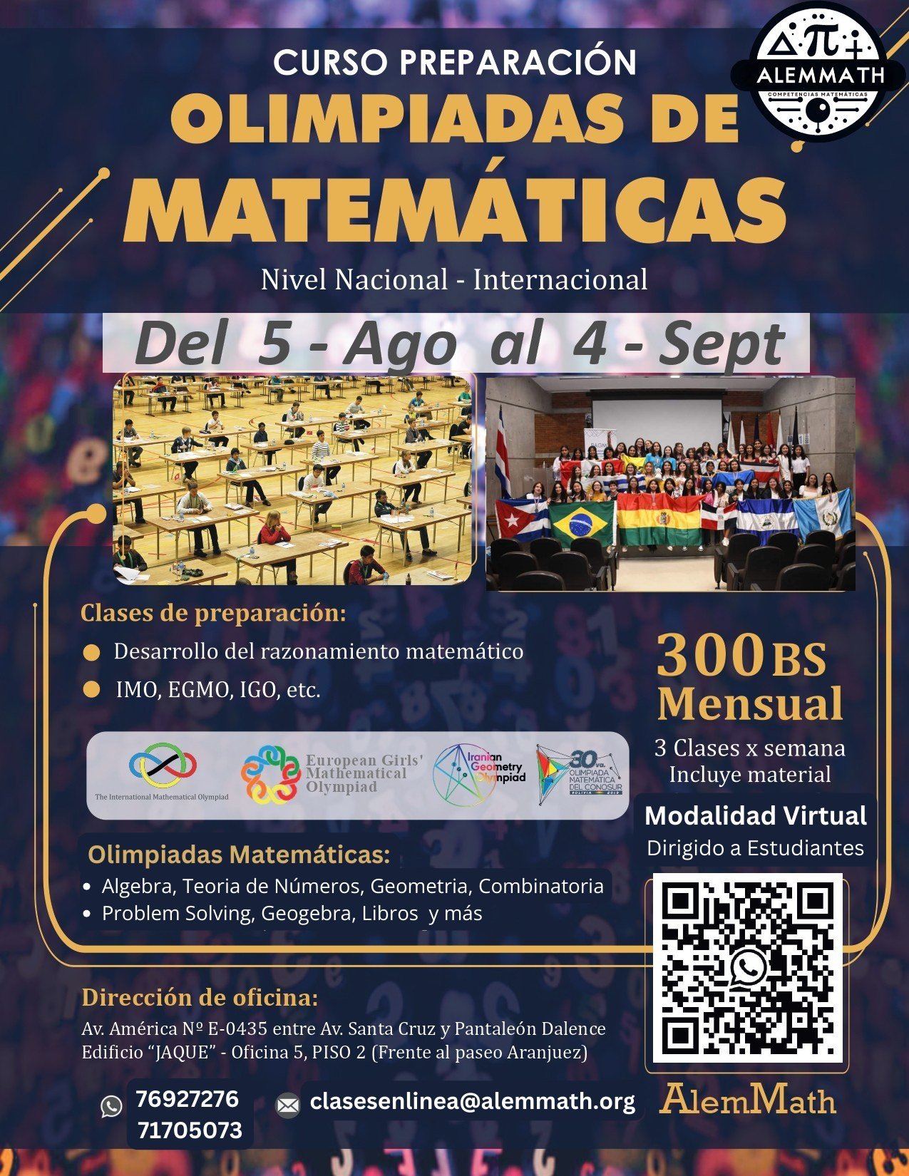 Afiche del curso de Olimpiadas de Matemáticas AlemMath, del 5 de agosto al 4 de septiembre de 2026